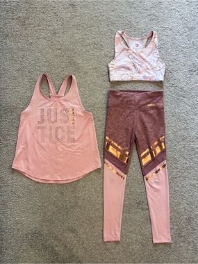 Justice Girls Pink Active Set - Tank, Sports Bra & Leggings Size 8